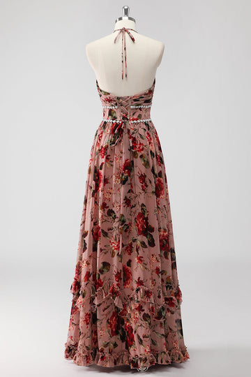 Dusty Rose Halter Floral A Line Long Formal Dress with Slit